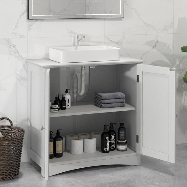 Costway Mobiletto sotto lavabo a terra con 2 porte e ritaglio a U, Organizzatore moderno per lavabo salvaspazio Bianco