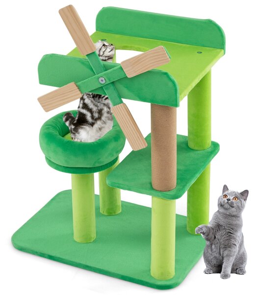 Costway Albero per gatti da 60cm con mulino a vento e imbottitura rotonda, Torre per gatti a più livelli con tiragraffi