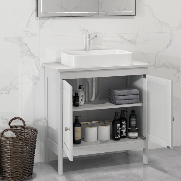 Costway Mobiletto sotto lavabo con ripiano regolabile a 3 posizioni, Mobile da bagno con 2 porte e ritaglio a U Bianco
