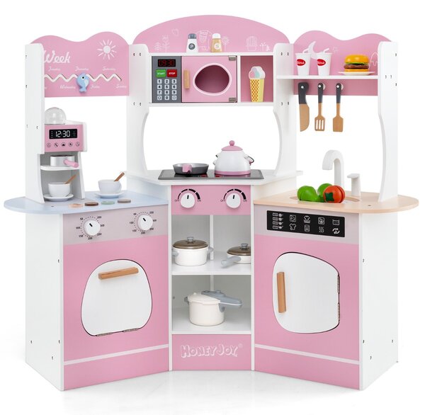 Costway Cucina giocattolo angolare in legno con macchina del caffè, Set cucina con luci e suoni per Bambini 3+ Anni Rosa