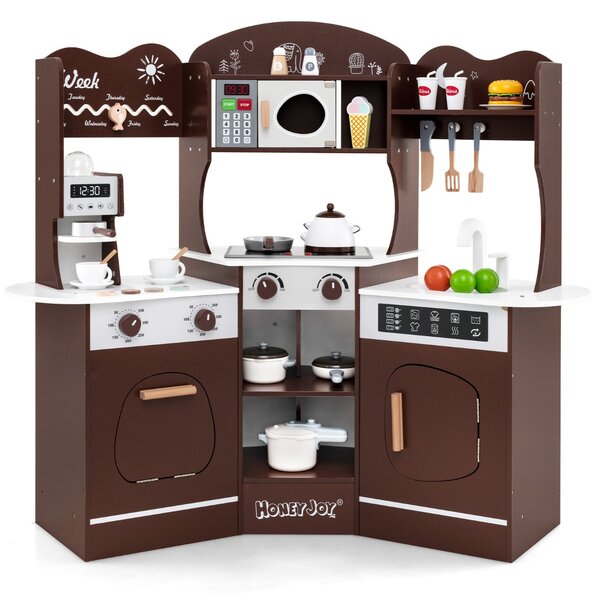 Costway Cucina giocattolo angolare in legno con macchina del caffè, Set cucina con luci e suoni per Bambini 3+ Anni Marrone