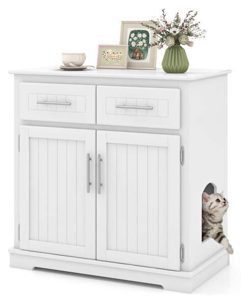 Costway Cassetta per gatti in legno con 2 cassetti, Mobili moderni per lettiera gatti con portaoggetti Bianco
