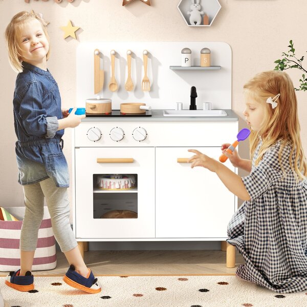 Costway Set da cucina per bambini in legno con luci e accessori da cucina, Gioco educativo con spazio di archiviazione, Regalo per Bambini Bianco