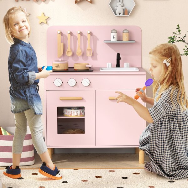 Costway Set da cucina per bambini in legno con luci e accessori da cucina, Gioco educativo con spazio di archiviazione Rosa