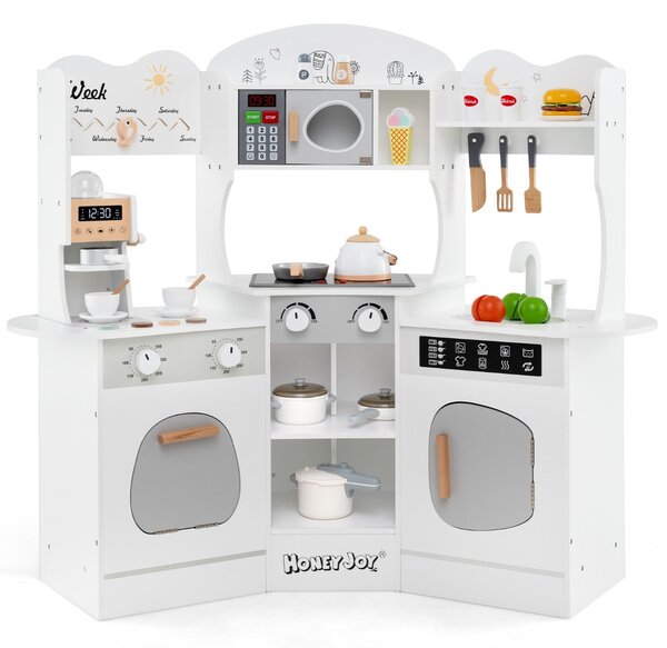 Costway Cucina giocattolo angolare in legno con macchina del caffè, Set cucina con luci e suoni per Bambini 3+ Anni Bianco