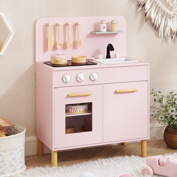 Costway Set da cucina per bambini in legno con luci e accessori da cucina, Gioco educativo con spazio di archiviazione Rosa