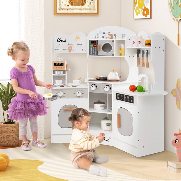 Costway Cucina giocattolo angolare in legno con macchina del caffè, Set cucina con luci e suoni per Bambini 3+ Anni Bianco