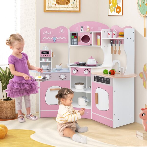 Costway Cucina giocattolo angolare in legno con macchina del caffè, Set cucina con luci e suoni per Bambini 3+ Anni Rosa
