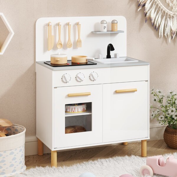 Costway Set da cucina per bambini in legno con luci e accessori da cucina, Gioco educativo con spazio di archiviazione, Regalo per Bambini Bianco
