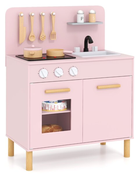 Costway Set da cucina per bambini in legno con luci e accessori da cucina, Gioco educativo con spazio di archiviazione Rosa