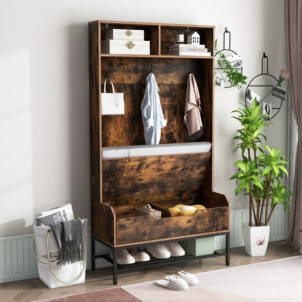 Costway Appendiabiti da ingresso con cuscino per seduta e scomparti aperti, Appendiabiti 4-in-1 con stoccaggio per scarpe Marrone