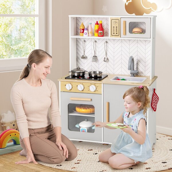 Costway Set da cucina per bambini in legno con luci e accessori pratici, Gioco educativo per bambini 3+ anni Bianco