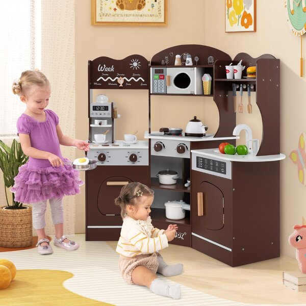 Costway Cucina giocattolo angolare in legno con macchina del caffè, Set cucina con luci e suoni per Bambini 3+ Anni Marrone