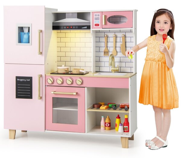 Costway Set da cucina per bambini con macchina del ghiaccio, Cucina giocattolo con luci e suoni per bambini Rosa
