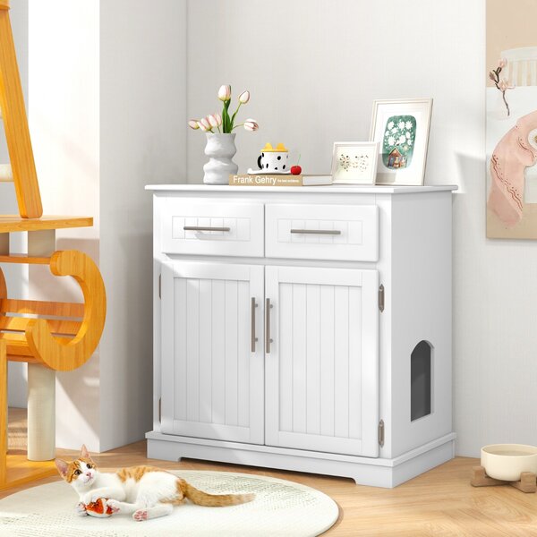 Costway Cassetta per gatti in legno con 2 cassetti, Mobili moderni per lettiera gatti con portaoggetti Bianco
