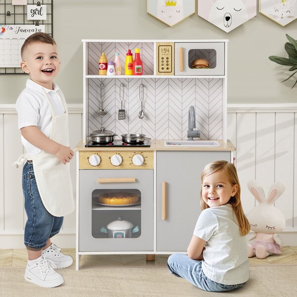 Costway Set da cucina per bambini in legno con luci e accessori pratici, Gioco educativo per bambini 3+ anni Bianco