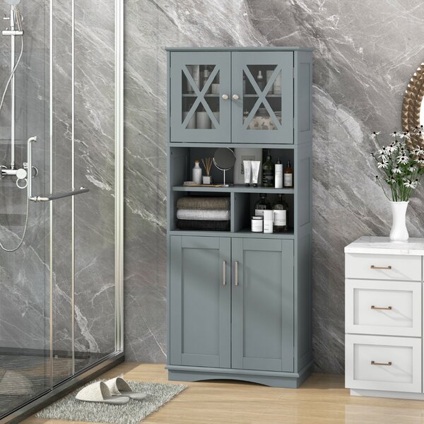 Costway Armadio da bagno alto con porte in acrilico e 3 cubi, Armadio da terra salvaspazio con ripiani regolabili Grigio