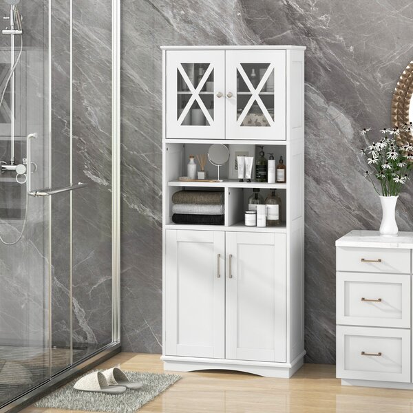 Costway Armadio da bagno alto con porte in acrilico e 3 cubi, Armadio da terra salvaspazio con ripiani regolabili Bianco