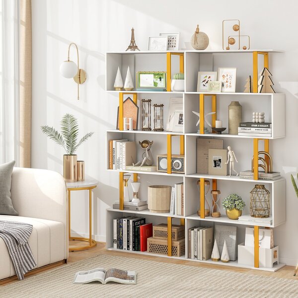 Costway Libreria geometrica autoportante a 5 ripiani con kit anti-ribaltamento, Mensola a forma di S per esposizione