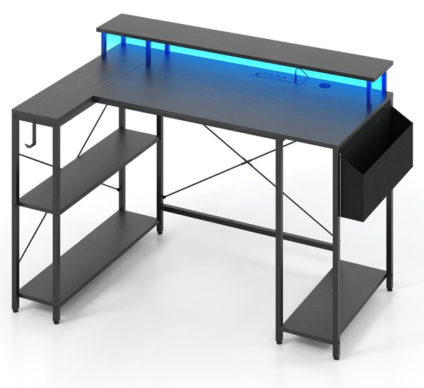 Costway Scrivania da gaming a forma di L con luci LED e stazione di ricarica, Scrivania per computer con ripiani Nero