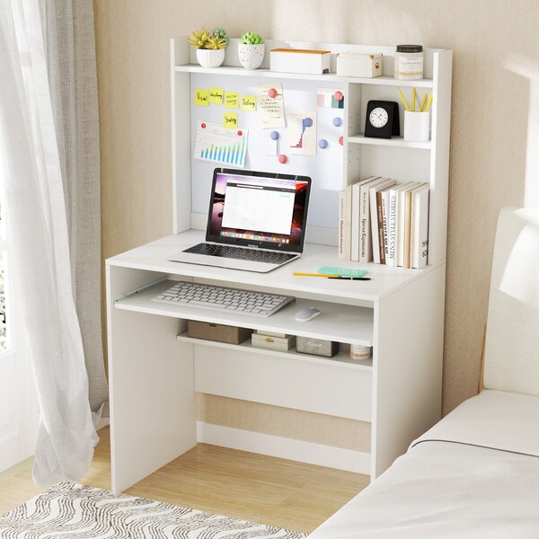 Costway Scrivania per computer con lavagna magnetica, Scrivania moderna con ripiano e vassoio per tastiera Bianco