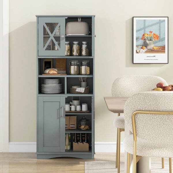 Costway Armadio da bagno alto con porte in acrilico e 3 cubi, Armadio da terra salvaspazio con ripiani regolabili Grigio