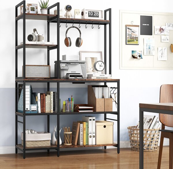 Costway Scaffale da cucina con prese di corrente, Tavolo bar con 5 ripiani e 10 ganci a forma di S Marrone rustico
