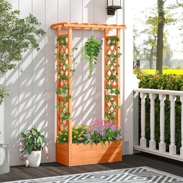 Costway Letto da giardino sollevato con traliccio, Scatola fioriera in legno con tetto pendente