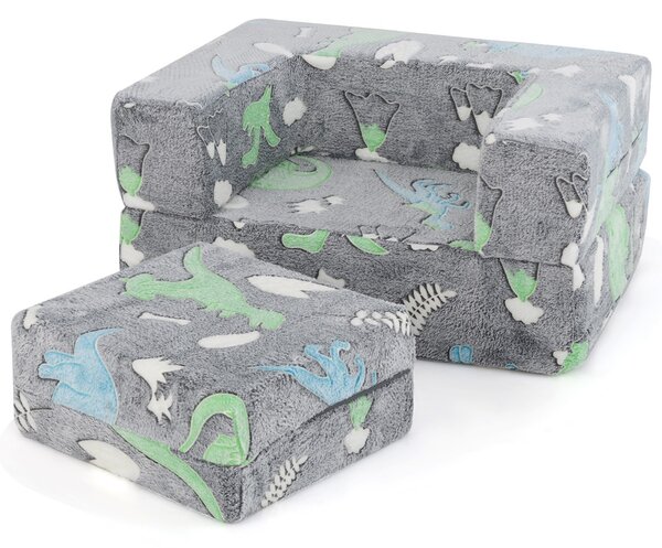Costway Divano per bambini piccoli con cuscino, Poltrona per bambini che brilla al buio con fodera lavabile Dinosauro Grigio