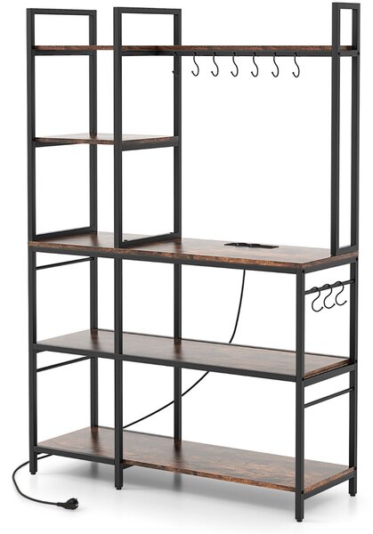 Costway Scaffale da cucina con prese di corrente, Tavolo bar con 5 ripiani e 10 ganci a forma di S Marrone rustico