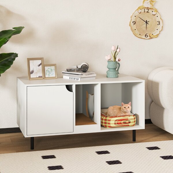 Costway Enclosure per lettiera per 2 gatti con pannello grattugia rimovibile, Casa per gatti a due stanze in legno Bianco