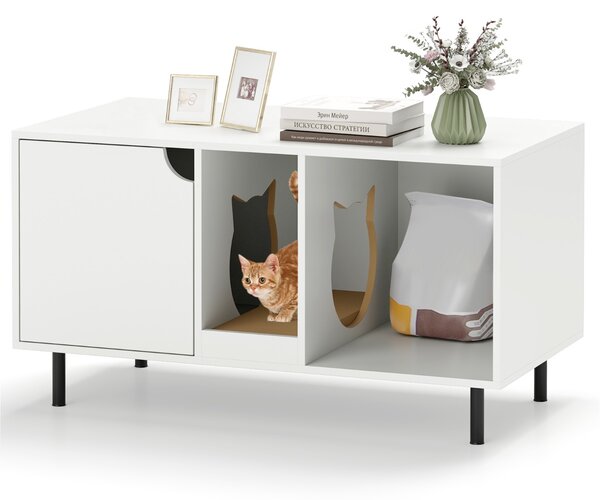 Costway Enclosure per lettiera per 2 gatti con pannello grattugia rimovibile, Casa per gatti a due stanze in legno Bianco