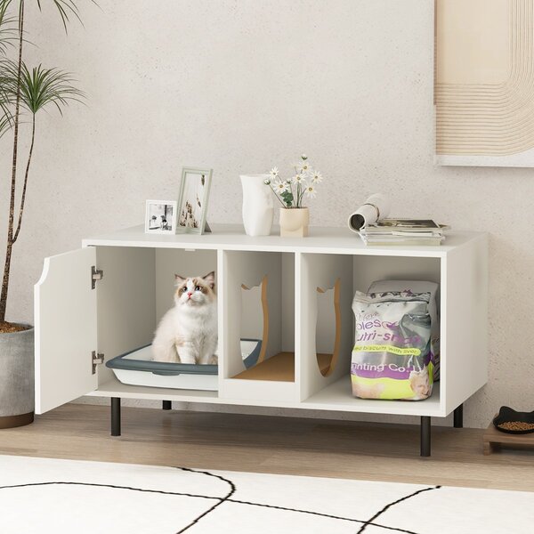 Costway Enclosure per lettiera per 2 gatti con pannello grattugia rimovibile, Casa per gatti a due stanze in legno Bianco