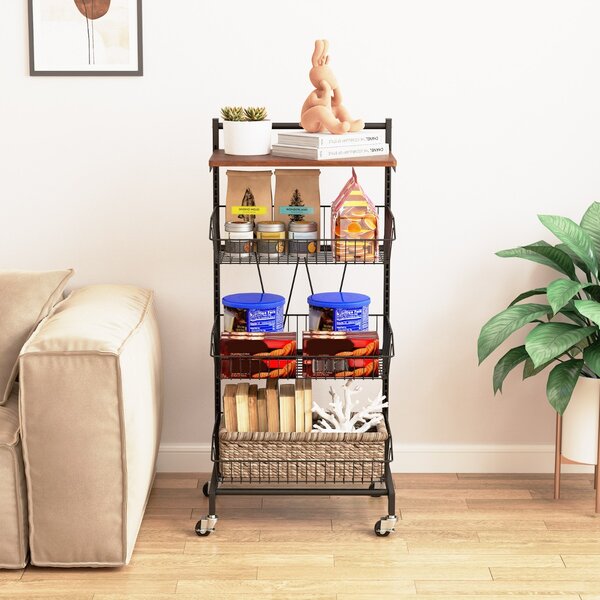 Costway Carrello da cucina con ruote a 4 piani con piano in legno, Carrello con cestini regolabili in altezza e rimovibili
