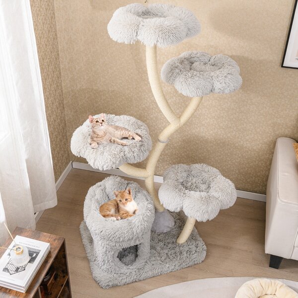 Costway Torre per gatti autoportante tiragraffi in sisal, Albero per gatti con 4 piattaforme a forma di fiore Grigio