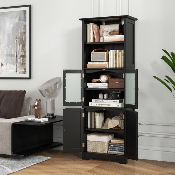 Costway Armadio 163cm con 2 armadietti scomparti aperti ripiani regolabili ante in vetro, Organizzatore da pavimento Nero