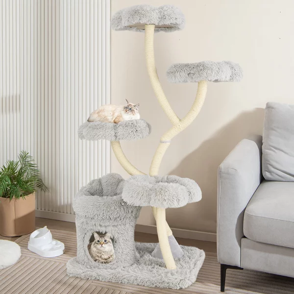 Costway Torre per gatti autoportante tiragraffi in sisal, Albero per gatti con 4 piattaforme a forma di fiore Grigio