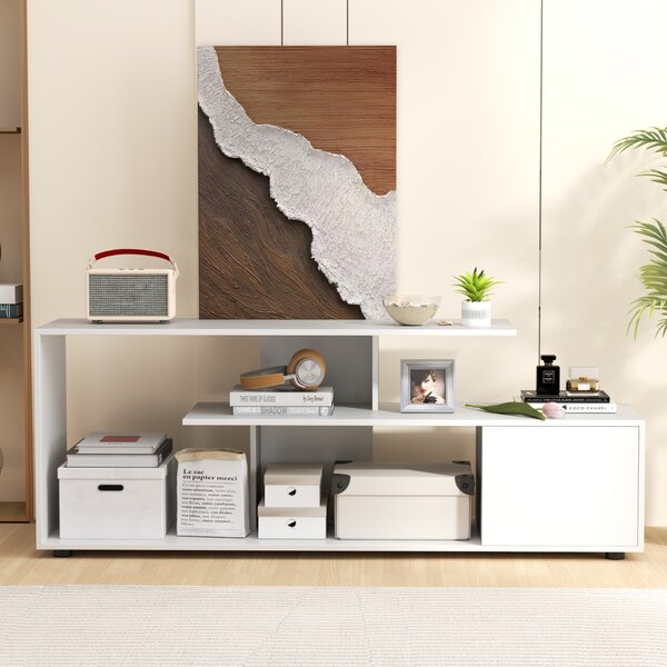 Costway Supporto per TV con ripiani di stoccaggio e armadietto, Console media a 3 ripiani asimmetrici per soggiorno Bianco