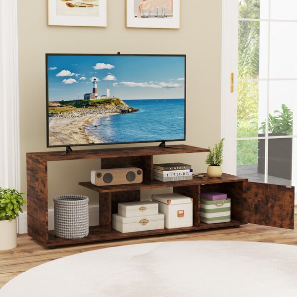 Costway Supporto per TV con ripiani di stoccaggio e armadietto, Console media a 3 ripiani asimmetrici per soggiorno Marrone