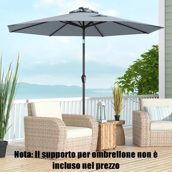 Costway Ombrellone con luci LED da giardino in ferro Ø300cm Parasole da esterno spaggia Grigio
