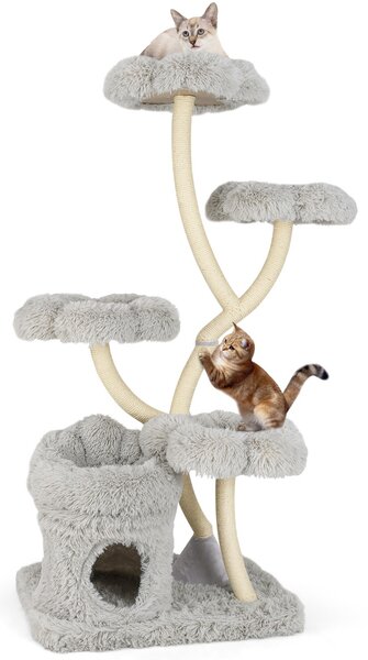 Costway Torre per gatti autoportante tiragraffi in sisal, Albero per gatti con 4 piattaforme a forma di fiore Grigio