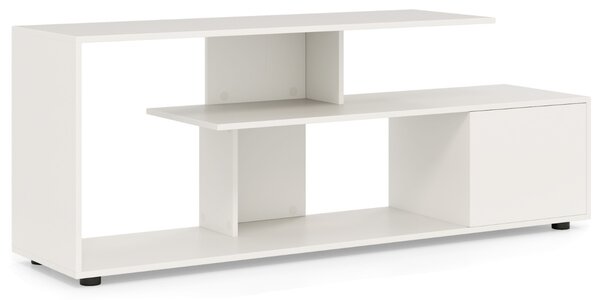 Costway Supporto per TV con ripiani di stoccaggio e armadietto, Console media a 3 ripiani asimmetrici per soggiorno Bianco
