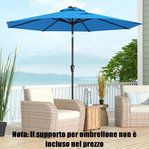 Costway Ombrellone con luci LED da giardino in ferro Ø300cm Parasole da esterno spaggia Azzurro