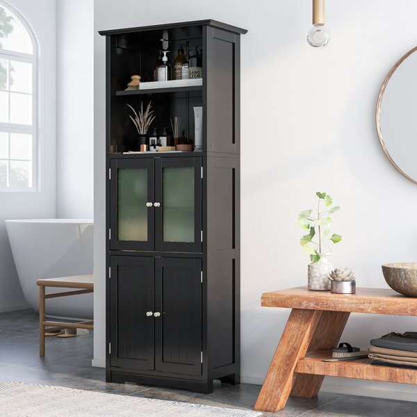 Costway Armadio 163cm con 2 armadietti scomparti aperti ripiani regolabili ante in vetro, Organizzatore da pavimento Nero