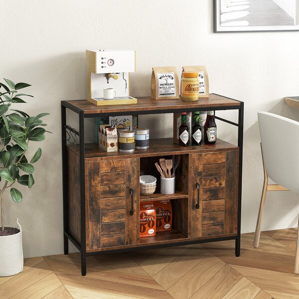 Costway Buffet industriale per cucina con ripiani regolabili e 3 ganci, Mobili per bar da caffè con 2 porte Marrone