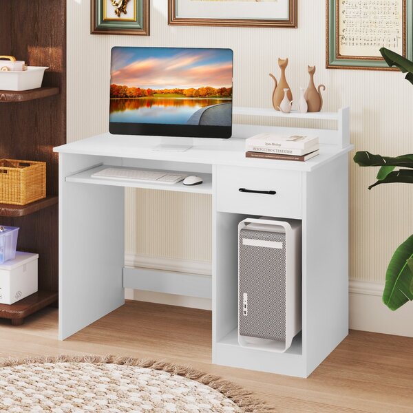 Costway Scrivania per computer con porta di ricarica USB/Type-c e presa di corrente, Scrivania moderna con vassoio per tastiera Bianco