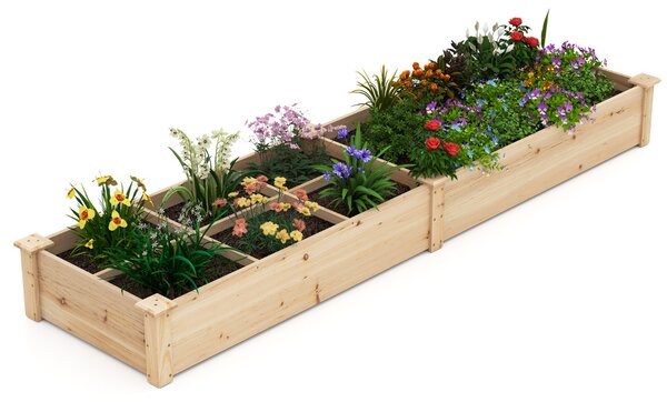Costway Lettino da giardino elevato in legno con 2 scatole per piante e separatori, Letto da giardino elevato per fiori verdure frutta e erbe Naturale