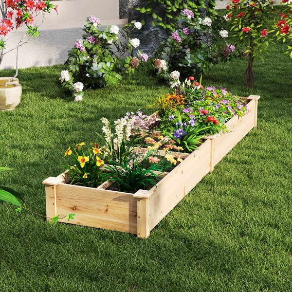 Costway Lettino da giardino elevato in legno con 2 scatole per piante e separatori, Letto da giardino elevato per fiori verdure frutta e erbe Naturale