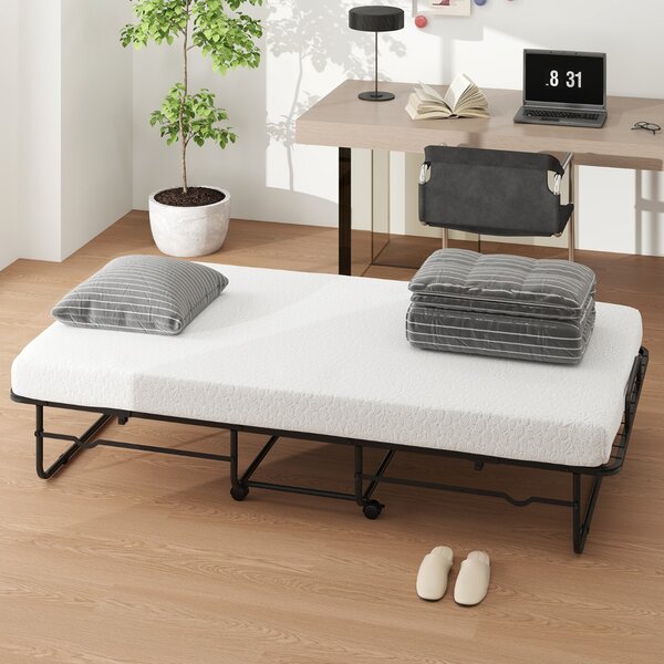 Costway Letto pieghevole con materasso e struttura in metallo, Letto singolo portatile con ruote bloccare per ospiti