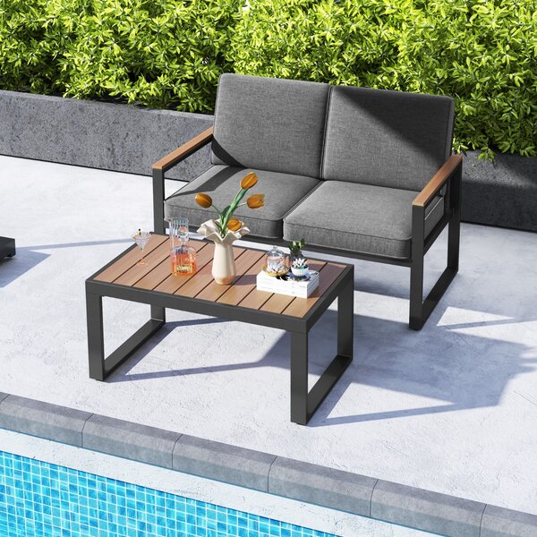 Costway Set da giardino in alluminio a 2 pezzi da esterno, Set da conversazione con braccioli e piano in Legno-Plastica